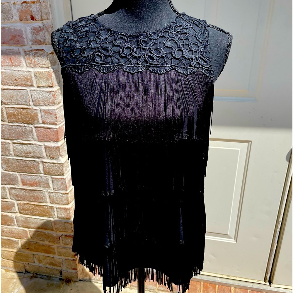White House Black Market, Black, Sleeveless, Fringe, Top, Size L
